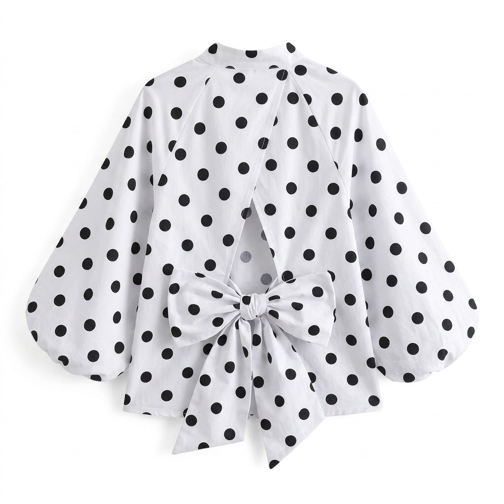 Blouse Blanche à Pois Noirs Volantée