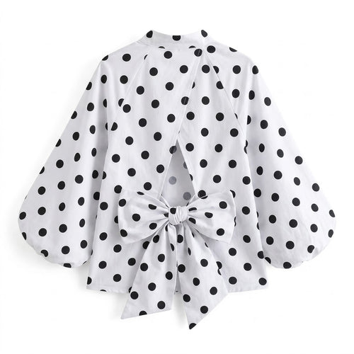Blouse Blanche à Pois Noirs Volantée