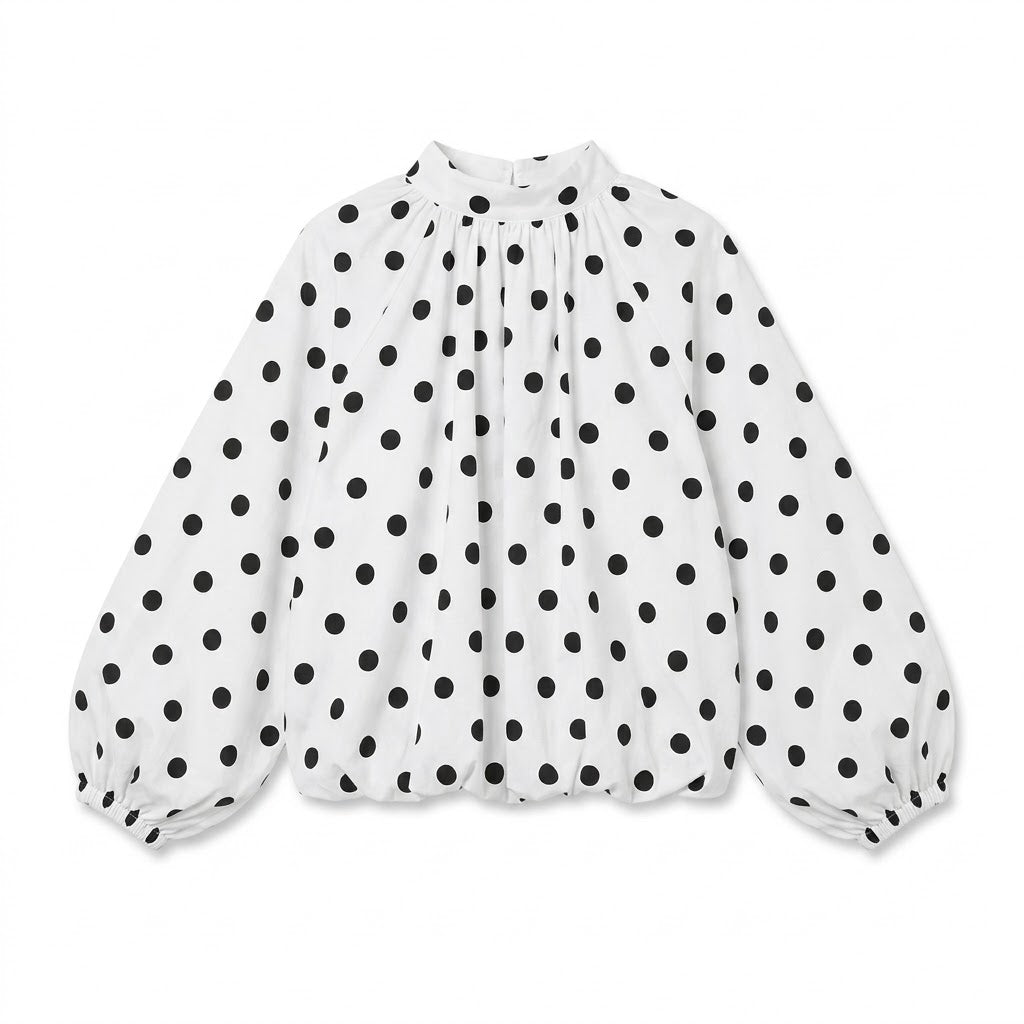 Blouse Blanche à Pois Noirs Volantée